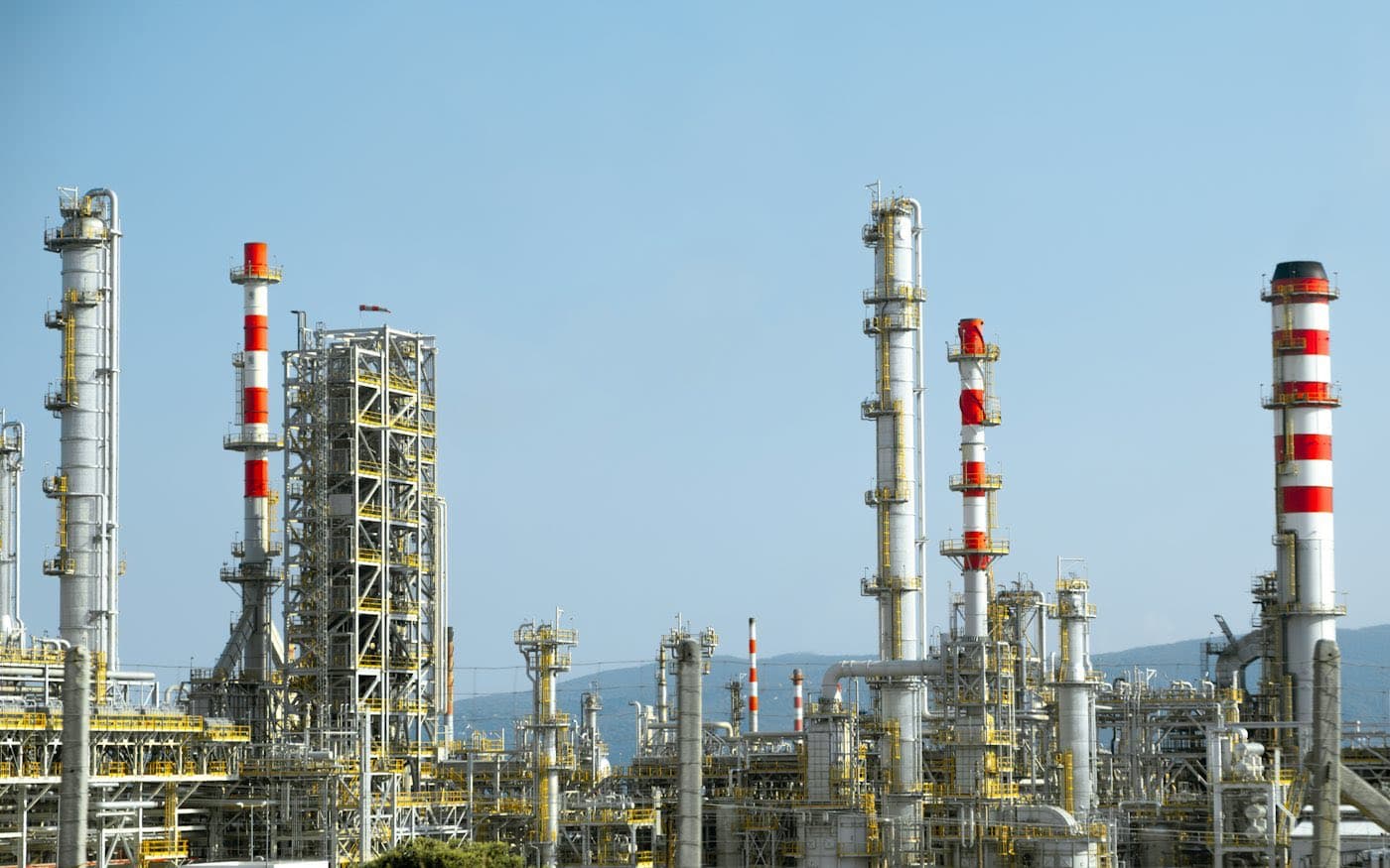 Process plant with red and white pipework