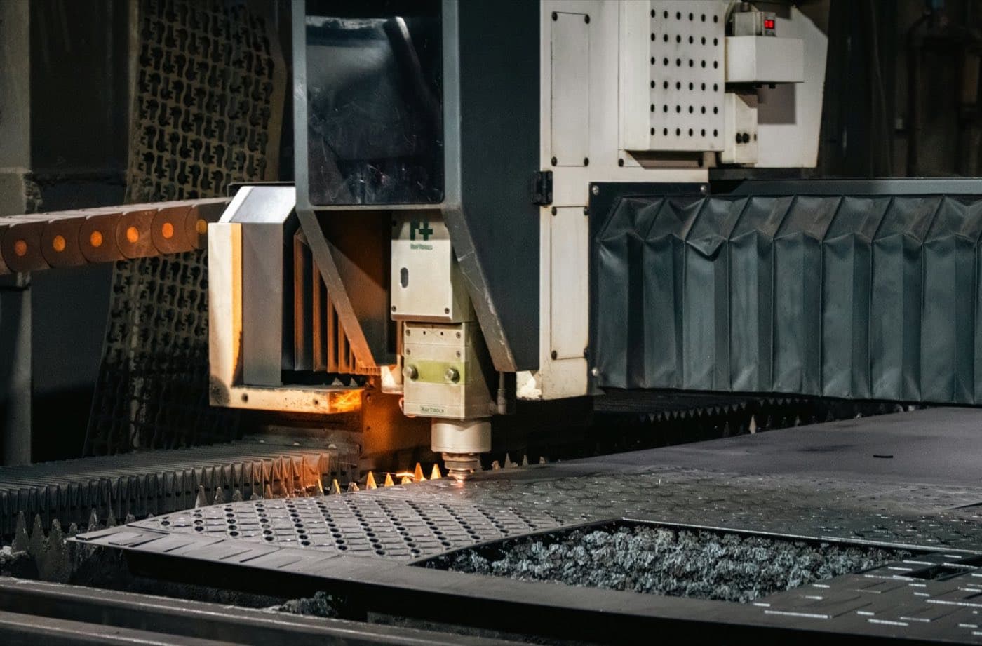 Industrial laser cutter working on a steel sheet